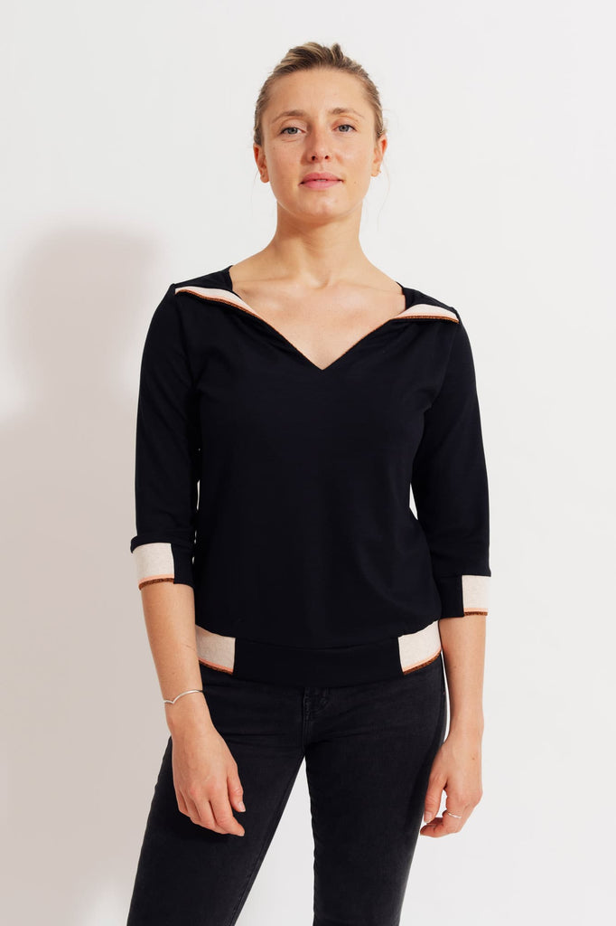 Natacha-Cadonici - Top Selma N/MC - tee-shirt designer belge jersey de viscose Oekotex noir/mangue lurex cuivré manches 3/4 réversible made in Belgium