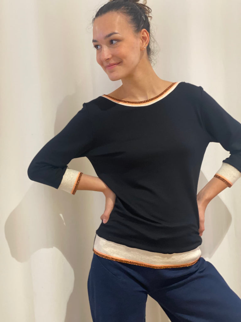 Natacha Cadonici - Top Anna N/MC - tee-shirt designer belge jersey de viscose Oekotex noir/mangue lurex cuivré manches 3/4 réversible made in Belgium