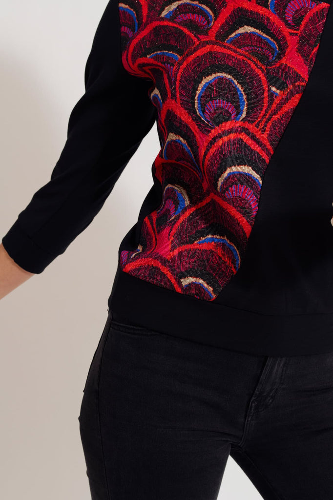 Natacha-Cadonici - Top Lisa - top designer belge viscose Oekotex noire avec coton rouge noir blanc manches 3/4 réversible made in Belgium